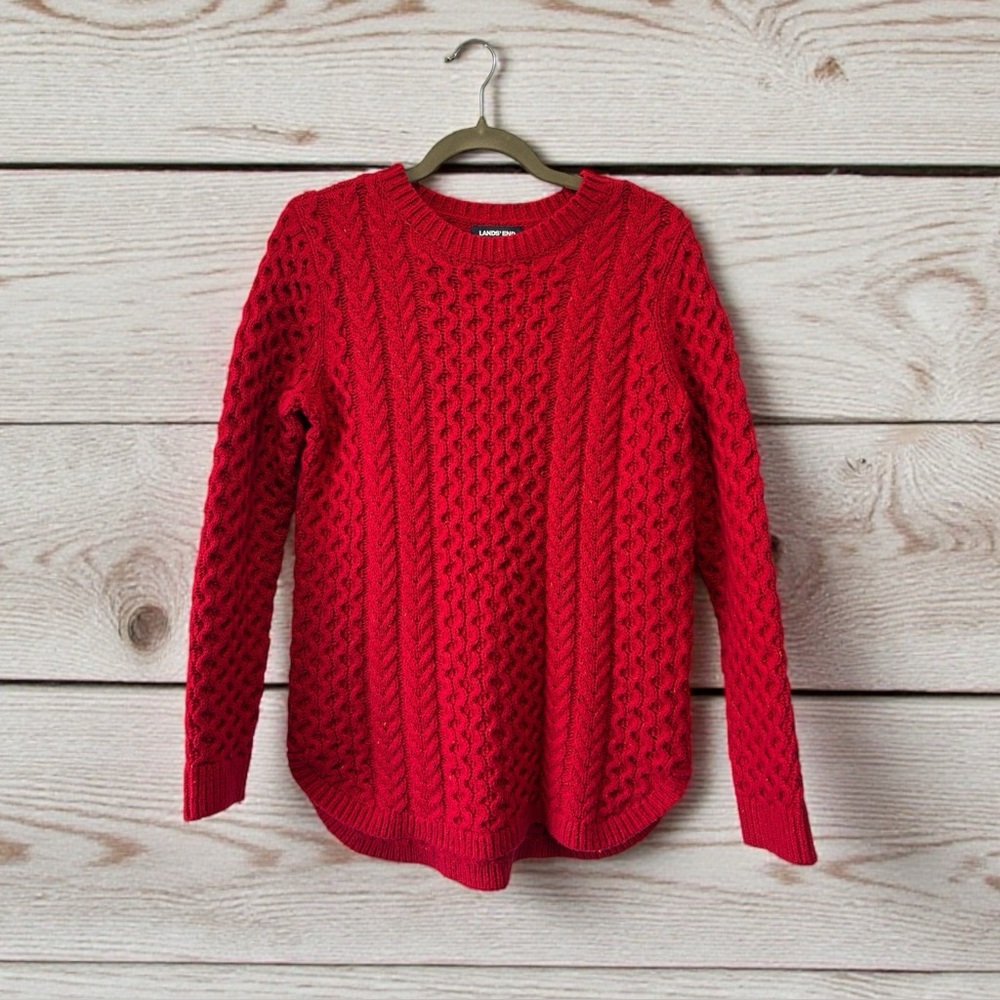 Lands End Women's Fisherman Red Cable Knit Crewneck Sweater Size‎ Medium